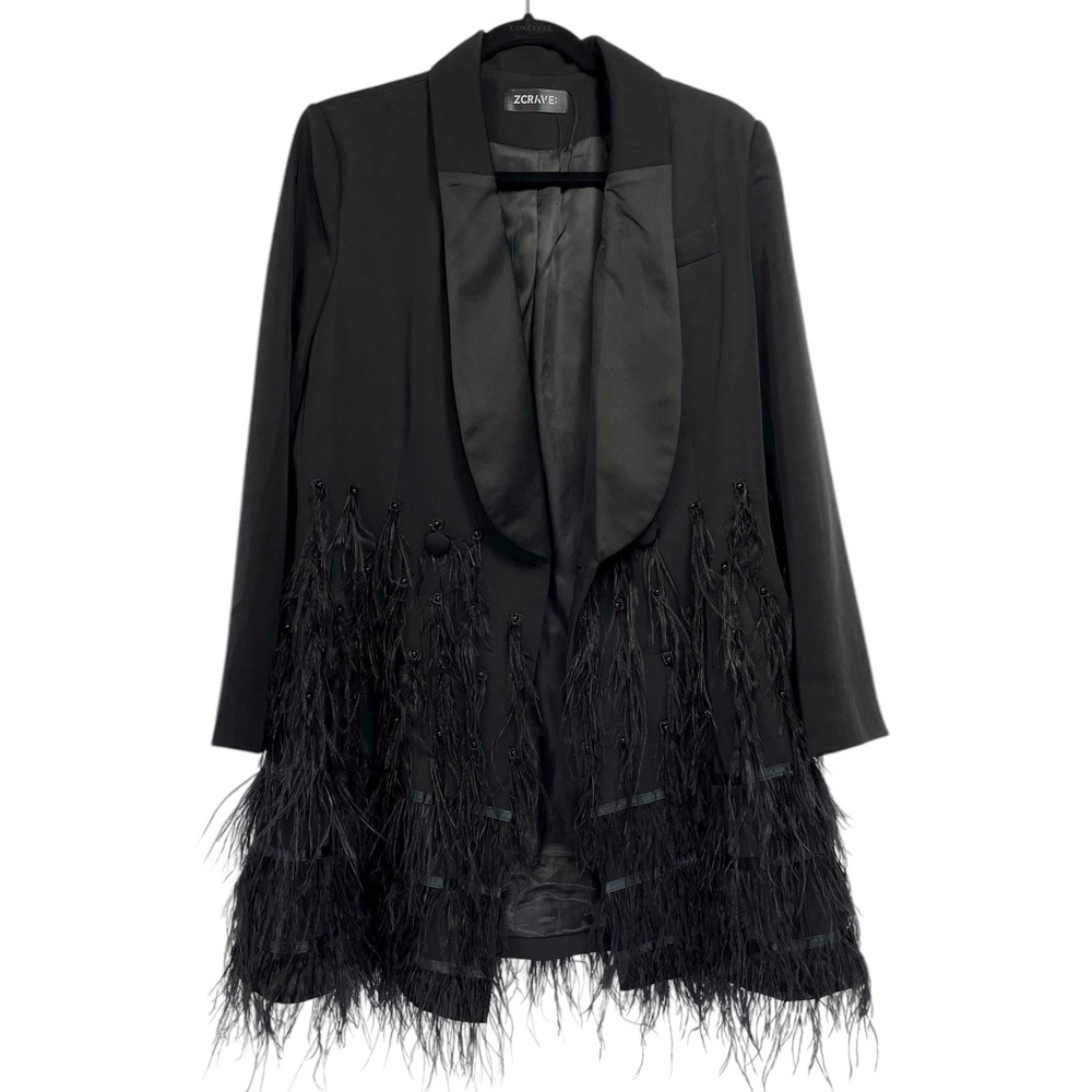 ZCRAVE Black Feather Trim Tuxedo Blazer Jacket Women's Medium